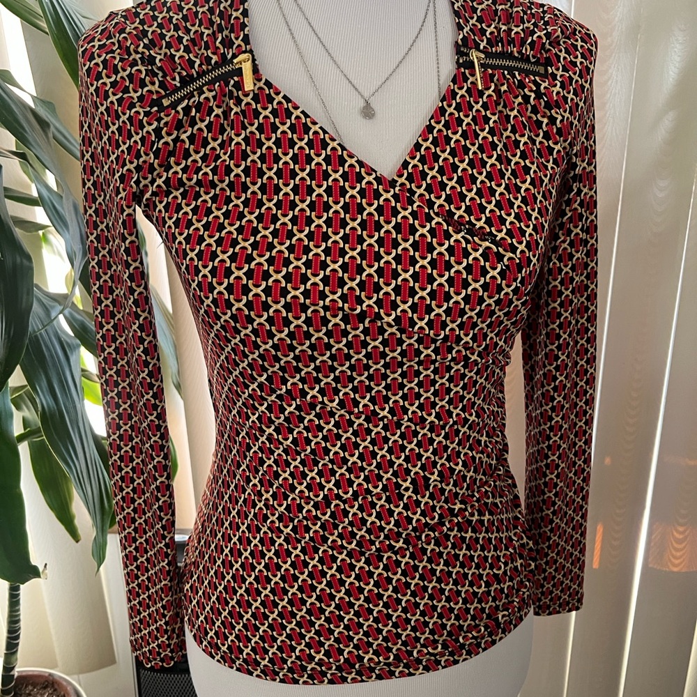 Michael Kors Red and Black Chain Print Blouse